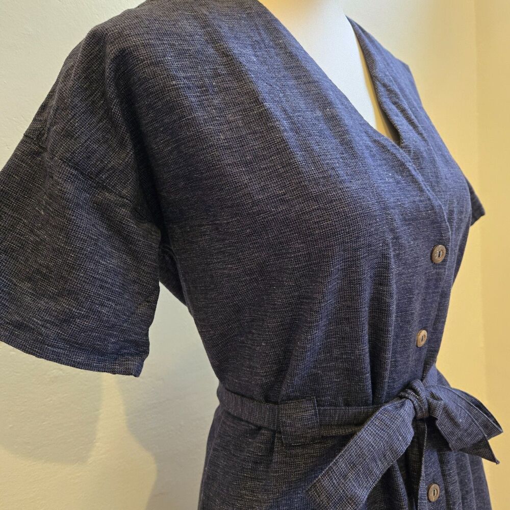 People Tree Dark Indigo Organic Cotton Belted Midi Dress US 6 Boho Sustainable - Picture 6 of 16